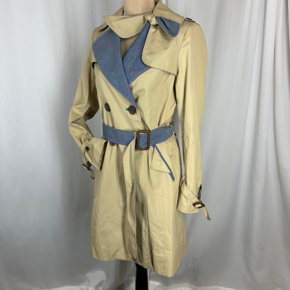 3.1 Phillip Lim Trench Coat Womens 2 Beige Blue Contrast Belted Cotton